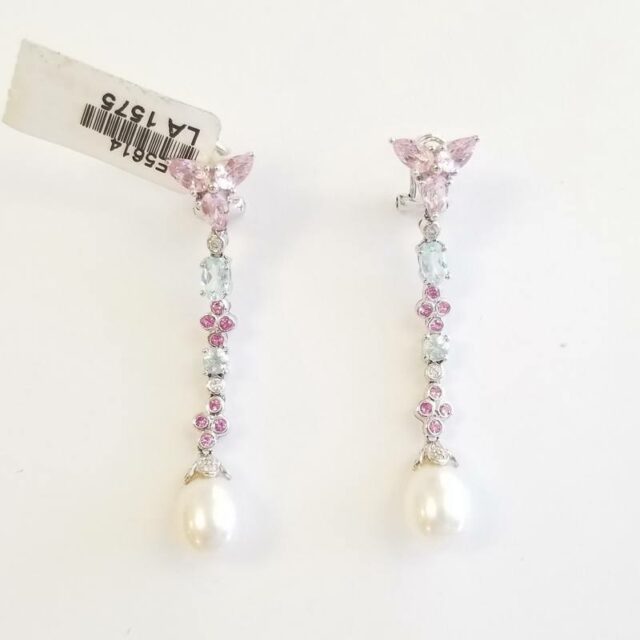 14K White Gold Pearl Earrings With Diamonds And Colored Stones