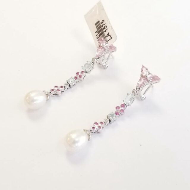 14K White Gold Pearl Earrings With Diamonds And Colored Stones