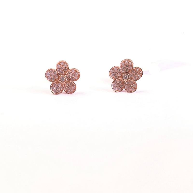 14K Rose Gold 5 Petal Diamond Flower Stud Earrings