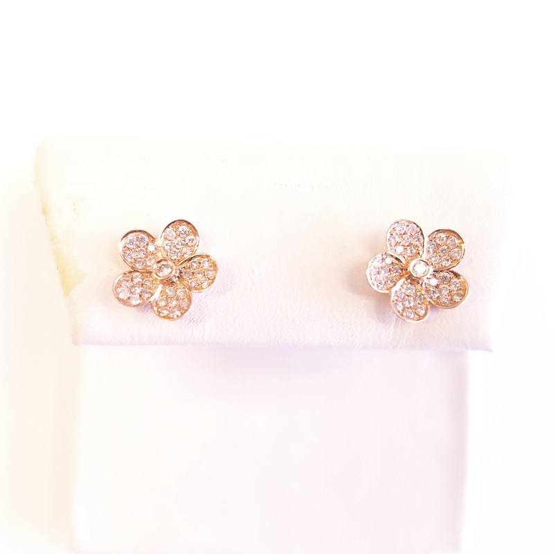 14K Rose Gold 5 Petal Diamond Flower Stud Earrings