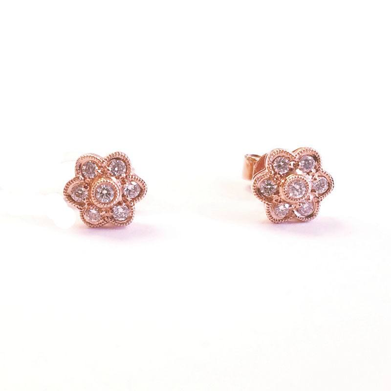 14K Rose Gold 6 Petal Diamond Flower Stud Earrings