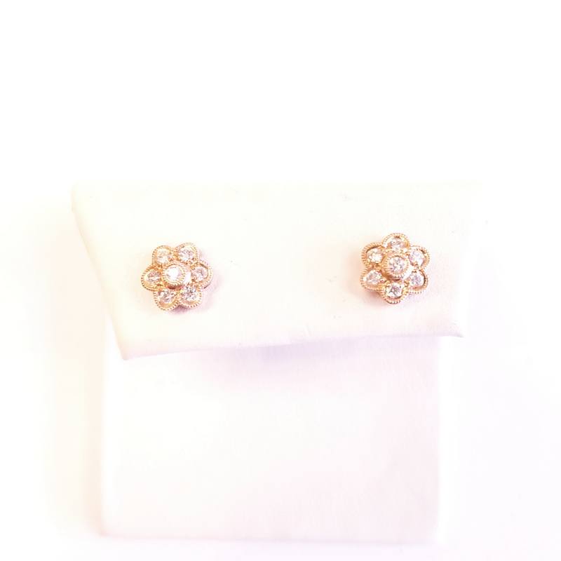14K Rose Gold 6 Petal Diamond Flower Stud Earrings
