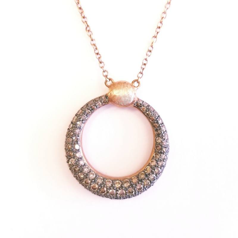 14K Rose Gold Circle Necklace with Brown Diamonds