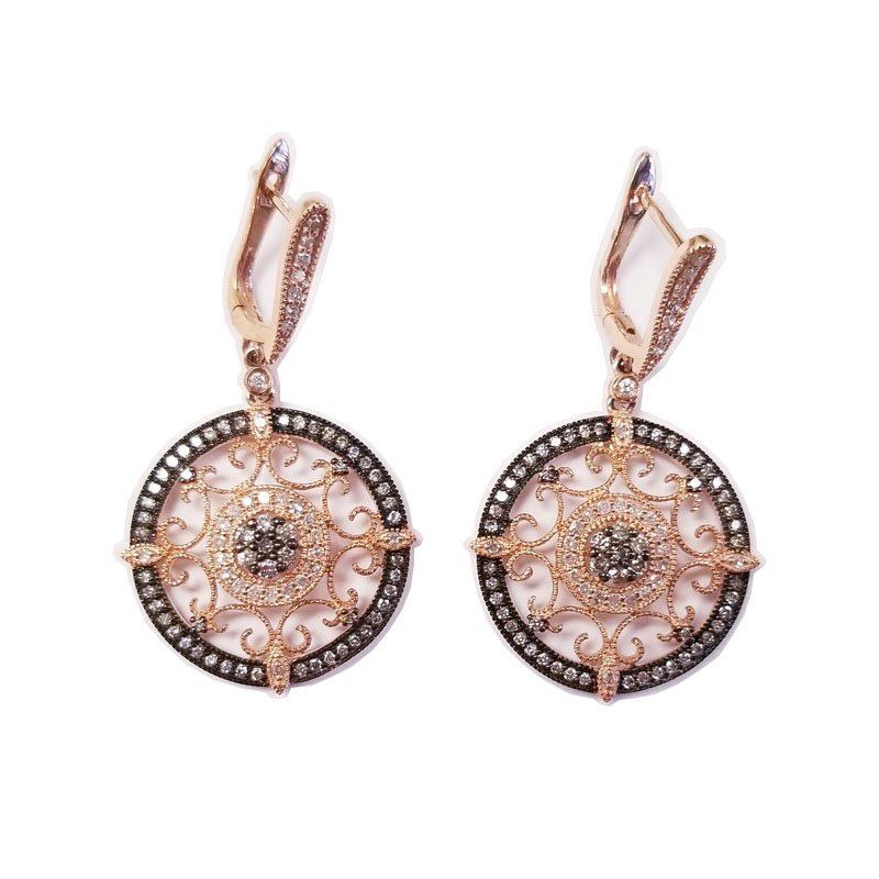 14K Rose Gold Circular Detailed Pattern Earrings With Diamonds