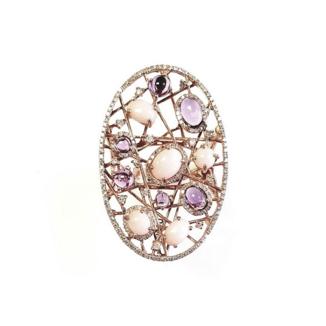 14K Rose Gold Diamond Web Ring with Coral and Amethyst