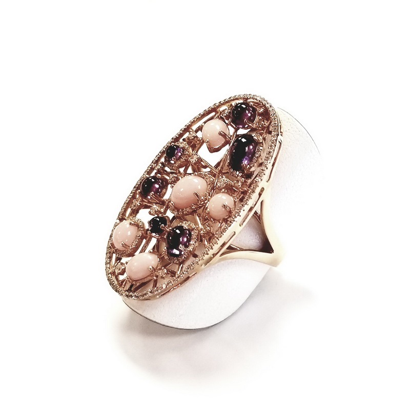 14K Rose Gold Diamond Web Ring with Coral and Amethyst