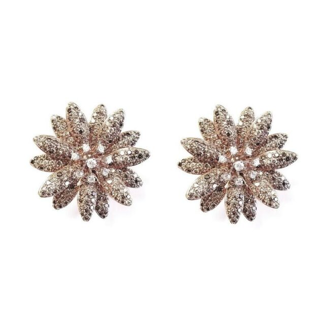 14K Rose Gold Large Flower Earrings With Champagne Diamonds