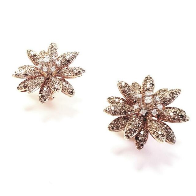 14K Rose Gold Large Flower Earrings With Champagne Diamonds