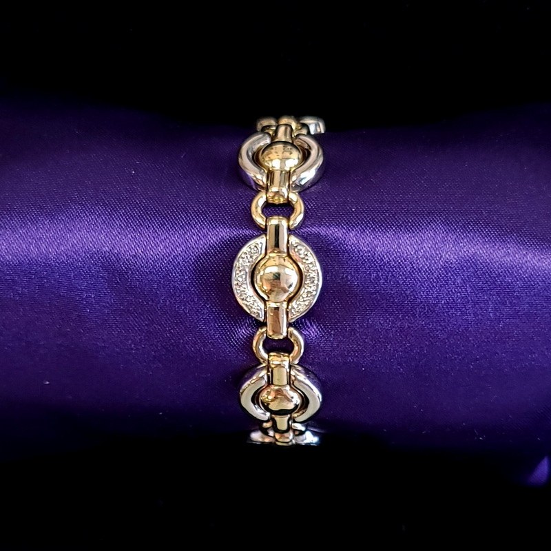 14K White and Yellow Gold Beaded Chain Bracelet with Diamonds