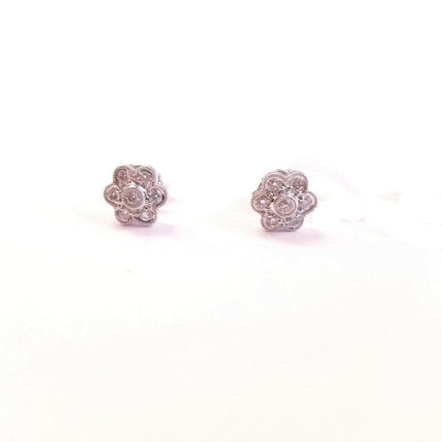 14K White Gold 6 Petal Diamond Flower Stud Earrings