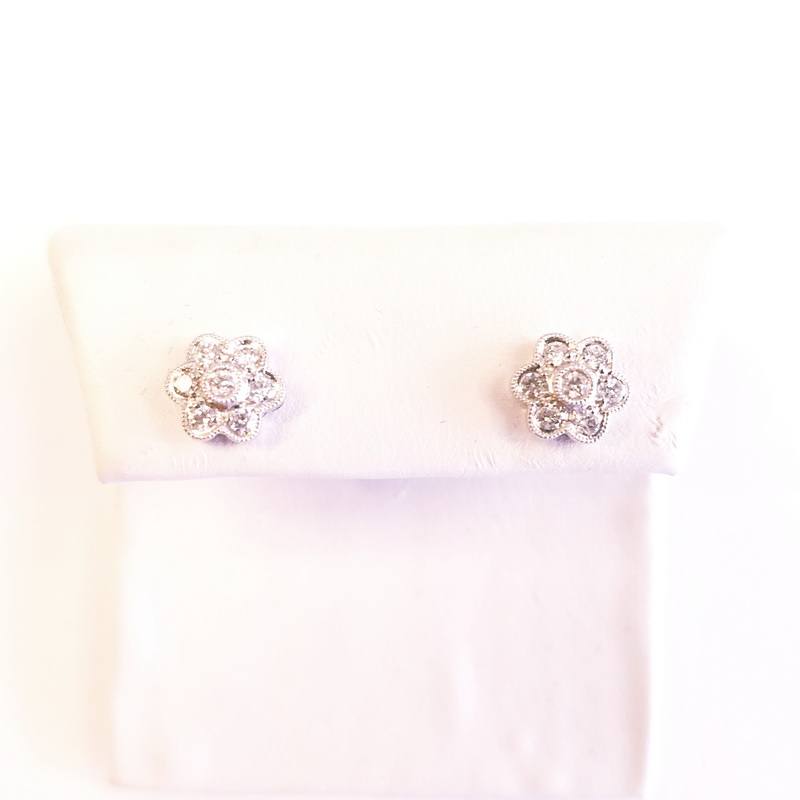 14K White Gold 6 Petal Diamond Flower Stud Earrings