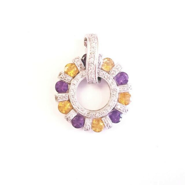 14K White Gold Amethyst and Citrine Diamond Wheel Pendant