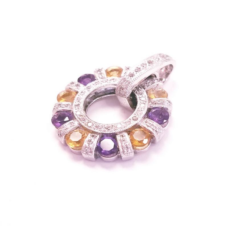 14K White Gold Amethyst and Citrine Diamond Wheel Pendant