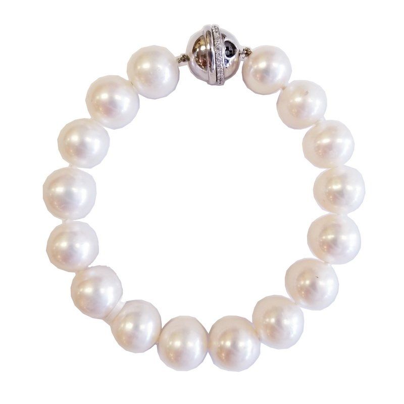 14K White Gold Beaded Pearl Bracelet with Diamonds