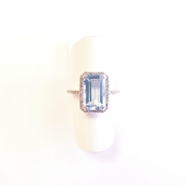 14K White Gold Blue Topaz Halo Ring with Diamonds