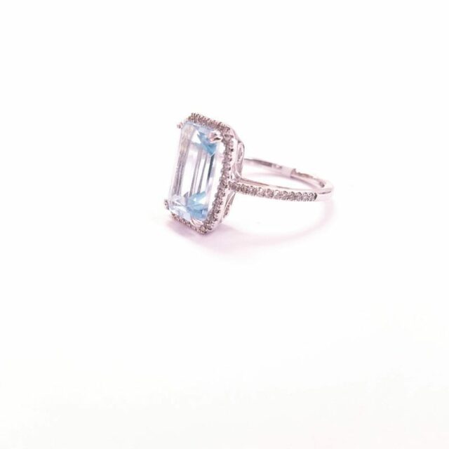 14K White Gold Blue Topaz Halo Ring with Diamonds