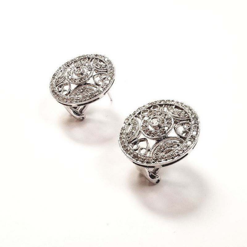 14K White Gold Circular Patterned Diamond Shield Earrings