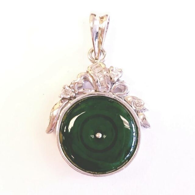 14K White Gold Diamond and Jade Round Pendant