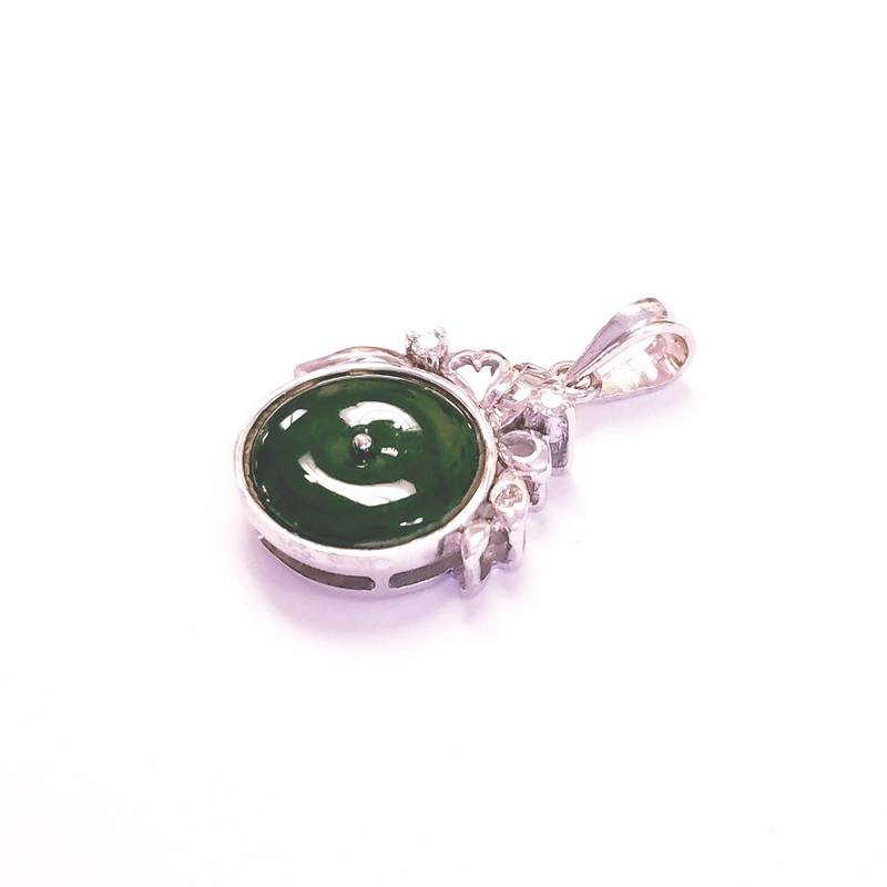 14K White Gold Diamond and Jade Round Pendant