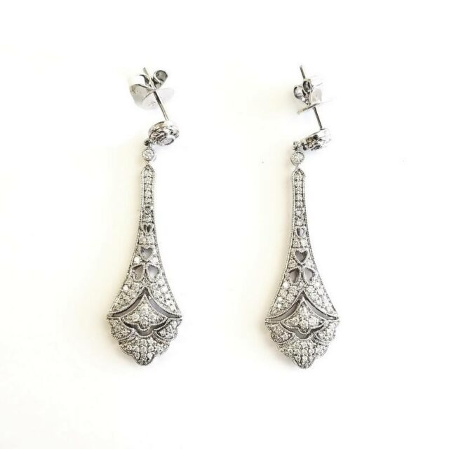 14K White Gold Diamond Chandelier Earrings With Deco Art Pattern