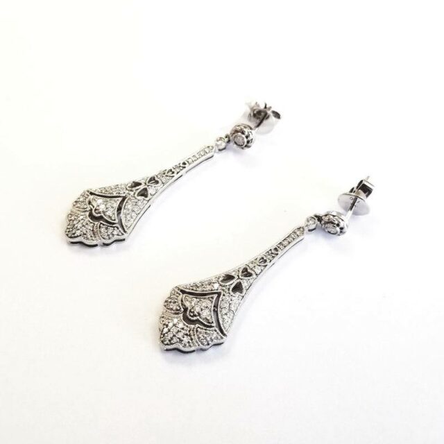 14K White Gold Diamond Chandelier Earrings With Deco Art Pattern