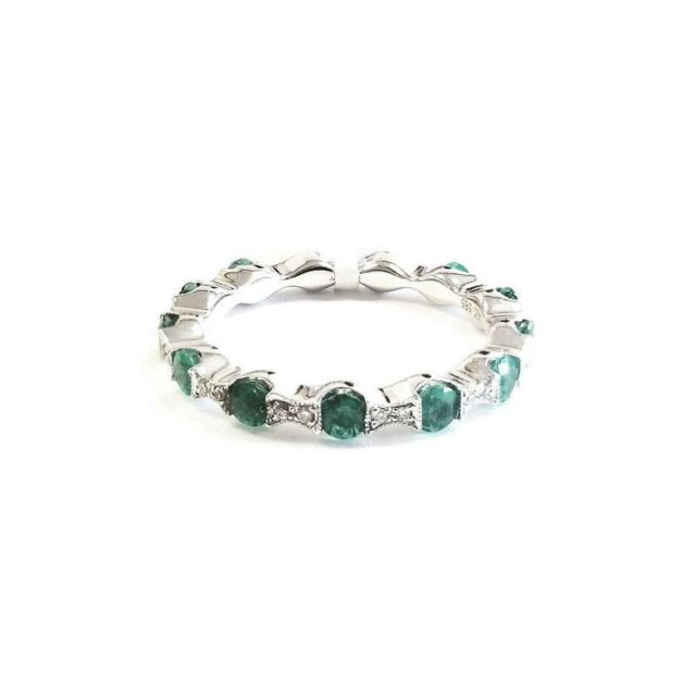 14K White Gold Diamond Eternity Ring with Emeralds