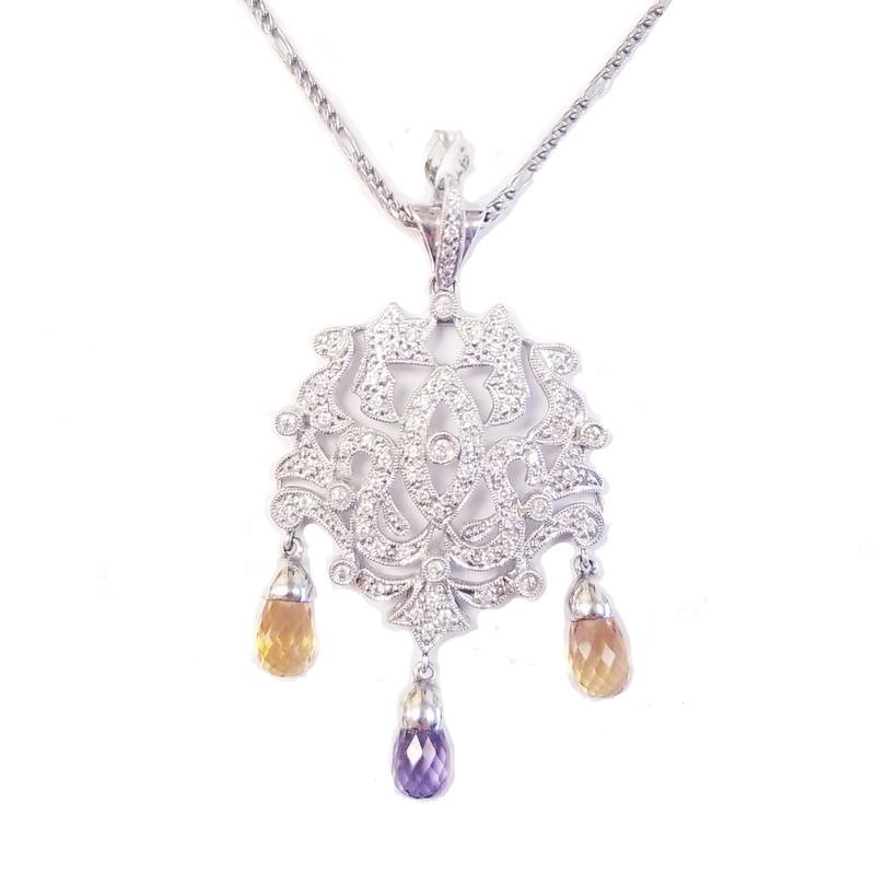 14K White Gold Diamond Necklace with Amethyst and Yellow Topaz Briolette