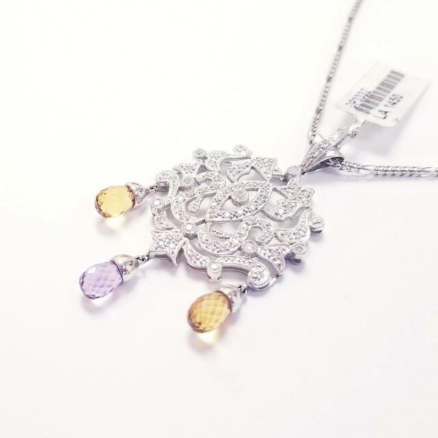 14K White Gold Diamond Necklace with Amethyst and Yellow Topaz Briolette