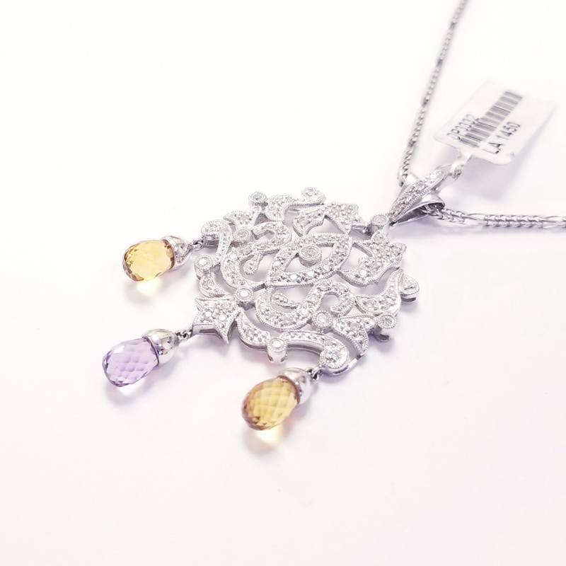 14K White Gold Diamond Necklace with Amethyst and Yellow Topaz Briolette