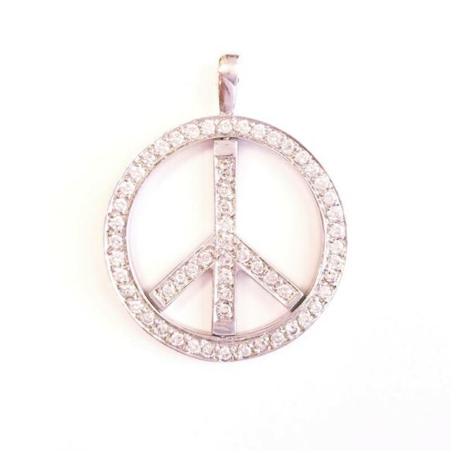 14K White Gold Diamond Peace Sign Pendant