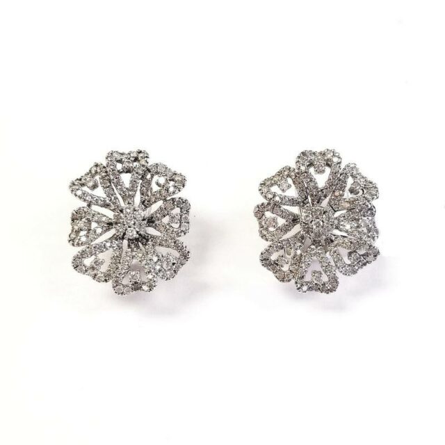 14K White Gold Flower Hearts Diamond Earrings