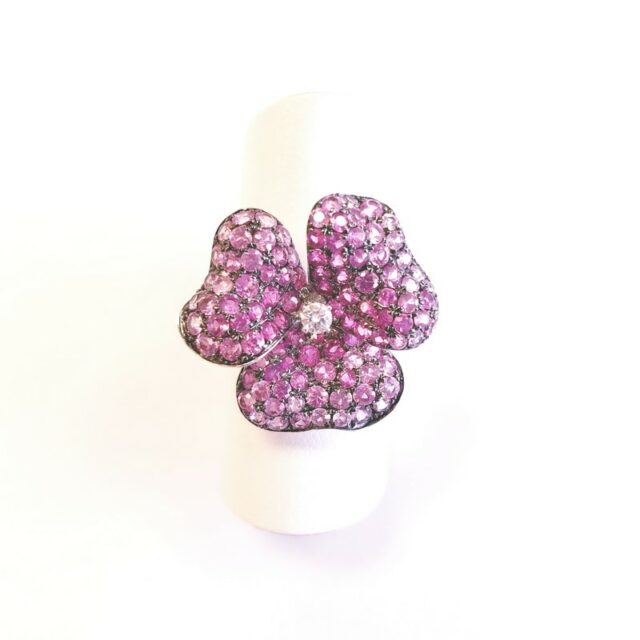 14K White Gold Flower Ring with Genuine Pink Sapphires and Diamonds