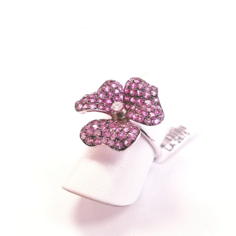 14K White Gold Flower Ring with Genuine Pink Sapphires and Diamonds