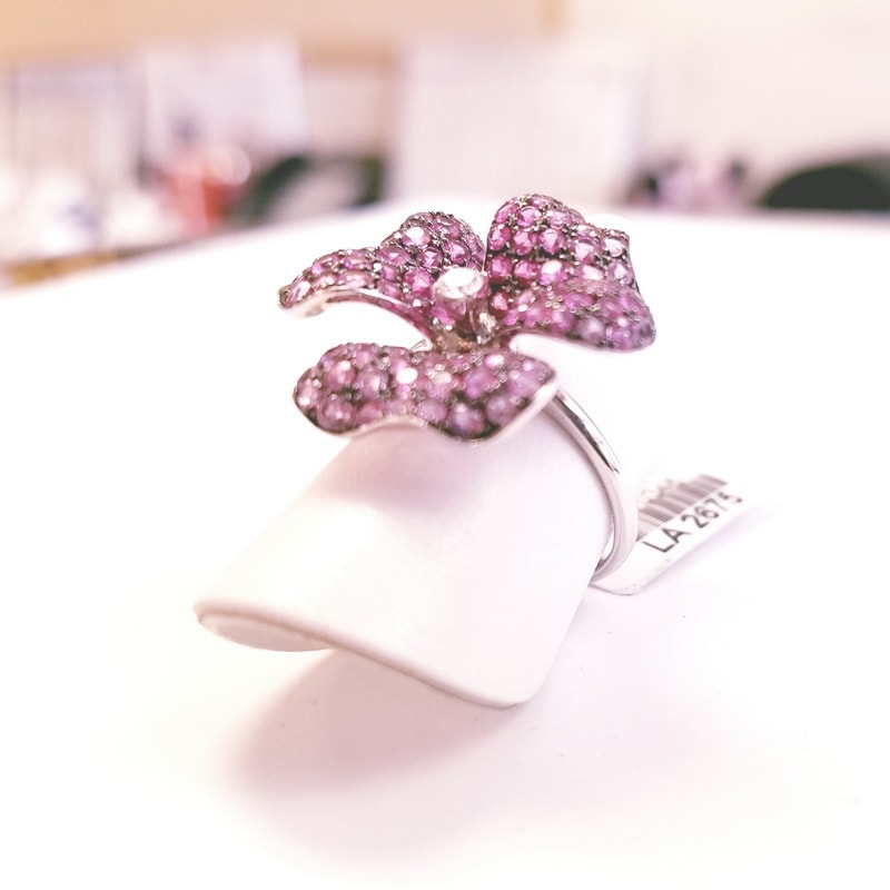 14K White Gold Flower Ring with Genuine Pink Sapphires and Diamonds
