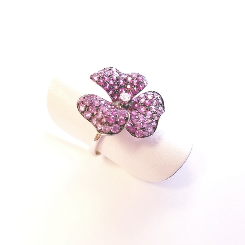 14K White Gold Flower Ring with Genuine Pink Sapphires and Diamonds