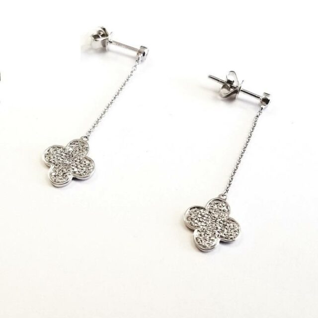 14K White Gold Hanging Clover Earrings