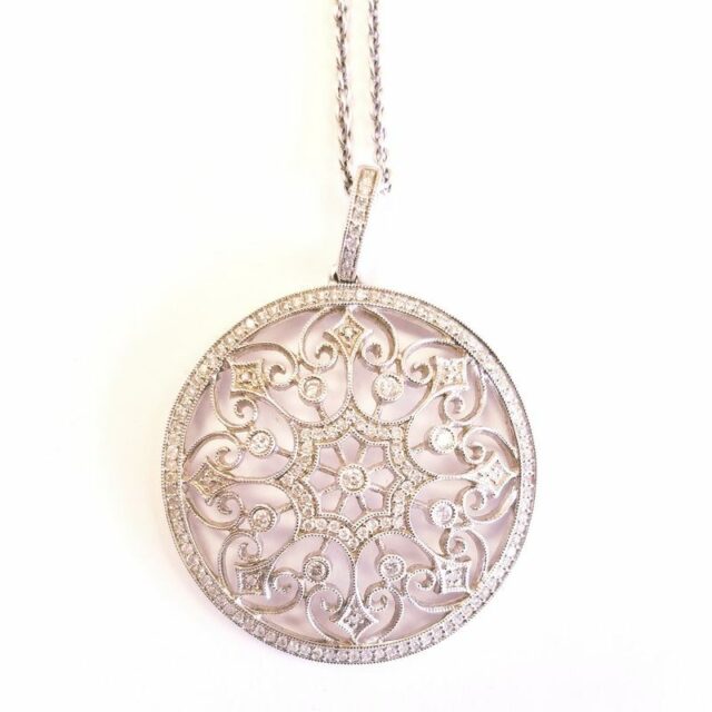 14K White Gold Large Round Diamond Flower Pattern Necklace