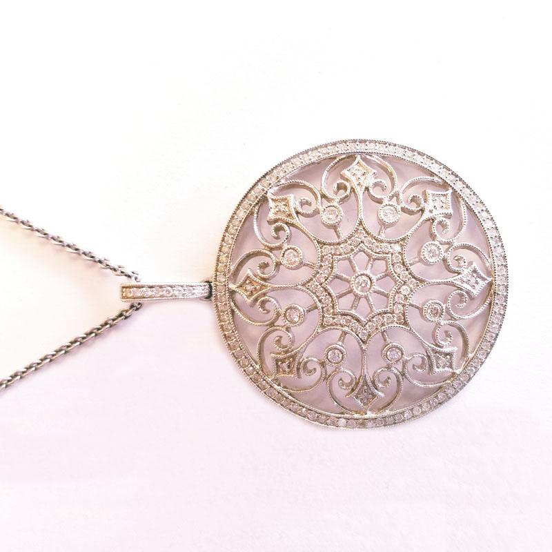 14K White Gold Large Round Diamond Flower Pattern Necklace