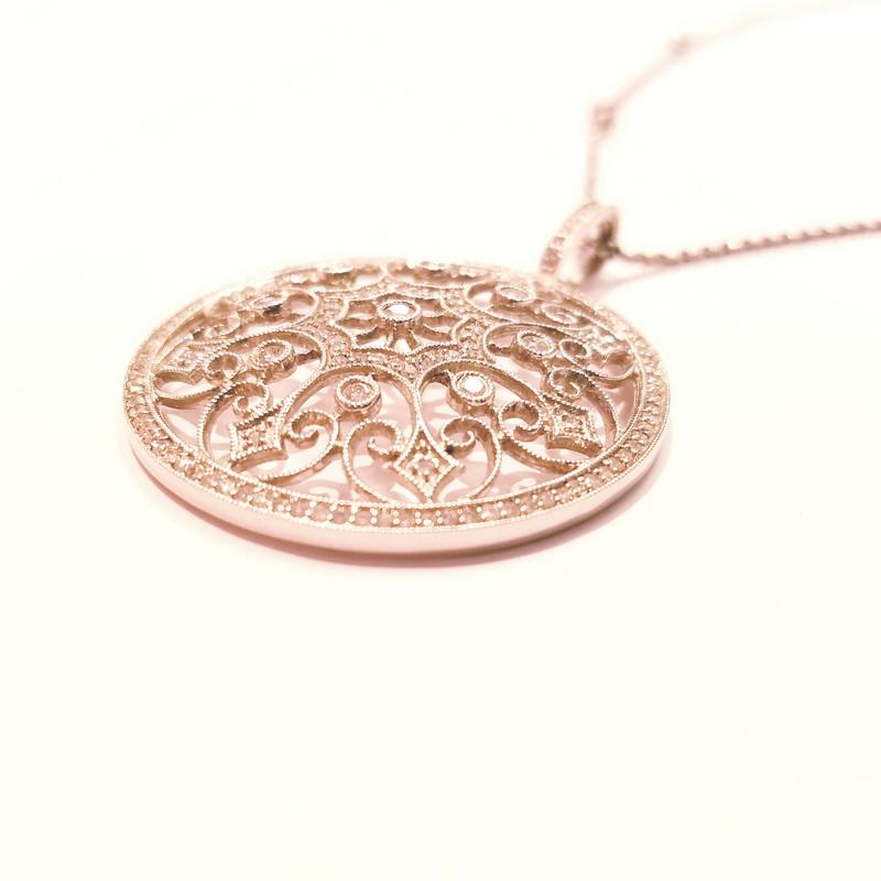 14K White Gold Large Round Diamond Flower Pattern Necklace