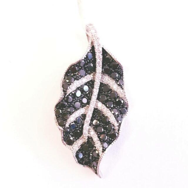 14K White Gold Leaf Pendant with Black and White Diamonds