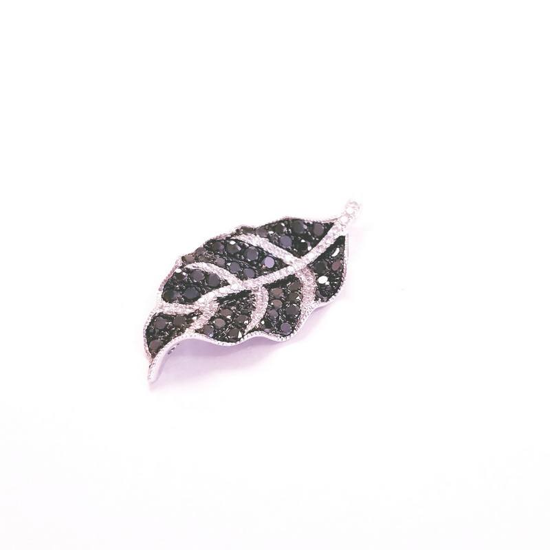 14K White Gold Leaf Pendant with Black and White Diamonds