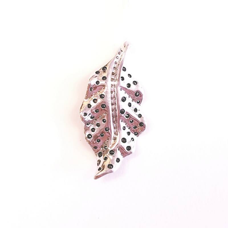 14K White Gold Leaf Pendant with Black and White Diamonds