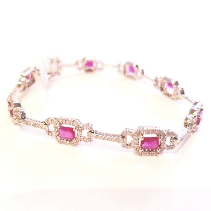 14K White Gold Link Diamond Bracelet with Pink Sapphires