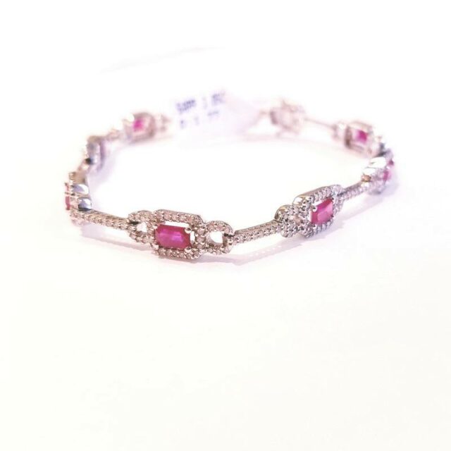 14K White Gold Link Diamond Bracelet with Pink Sapphires