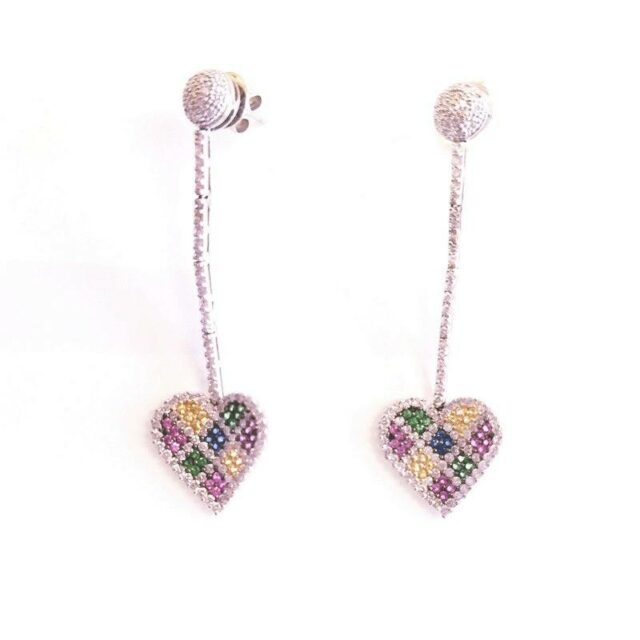 14K White Gold Long Heart Drop Earrings With Diamonds