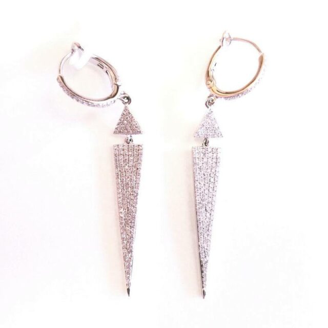 14K White Gold Long Triangular Drop Earrings with Diamonds