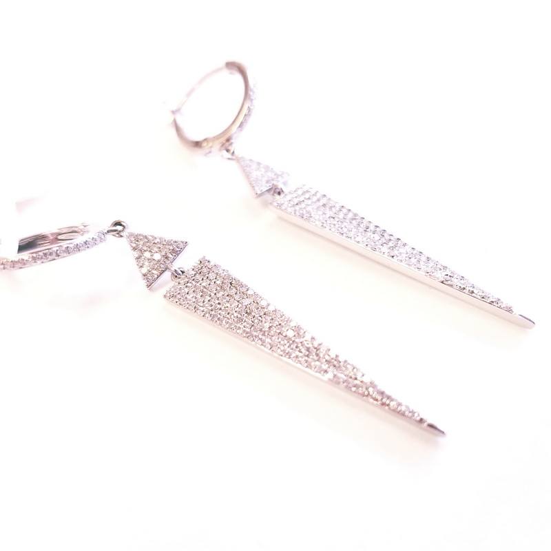 14K White Gold Long Triangular Drop Earrings with Diamonds