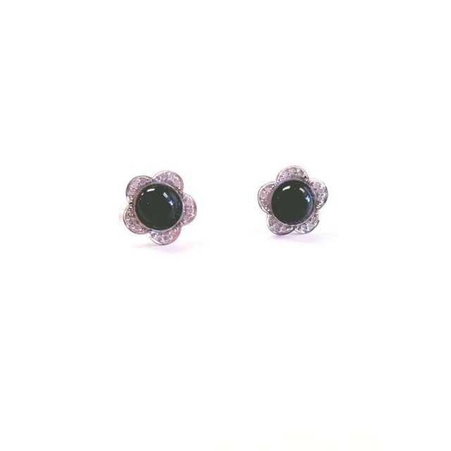 14K White Gold Onyx Flower Earrings With Diamonds