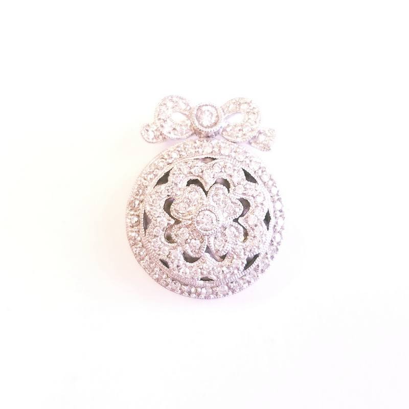 14K White Gold Round Diamond Flower Locket Slide Pendant