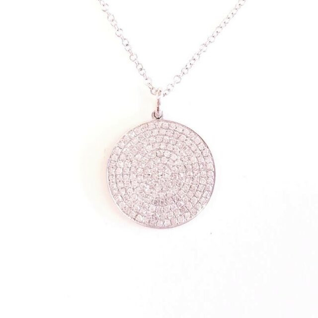 14K White Gold Round Pave Diamond Disc Necklace